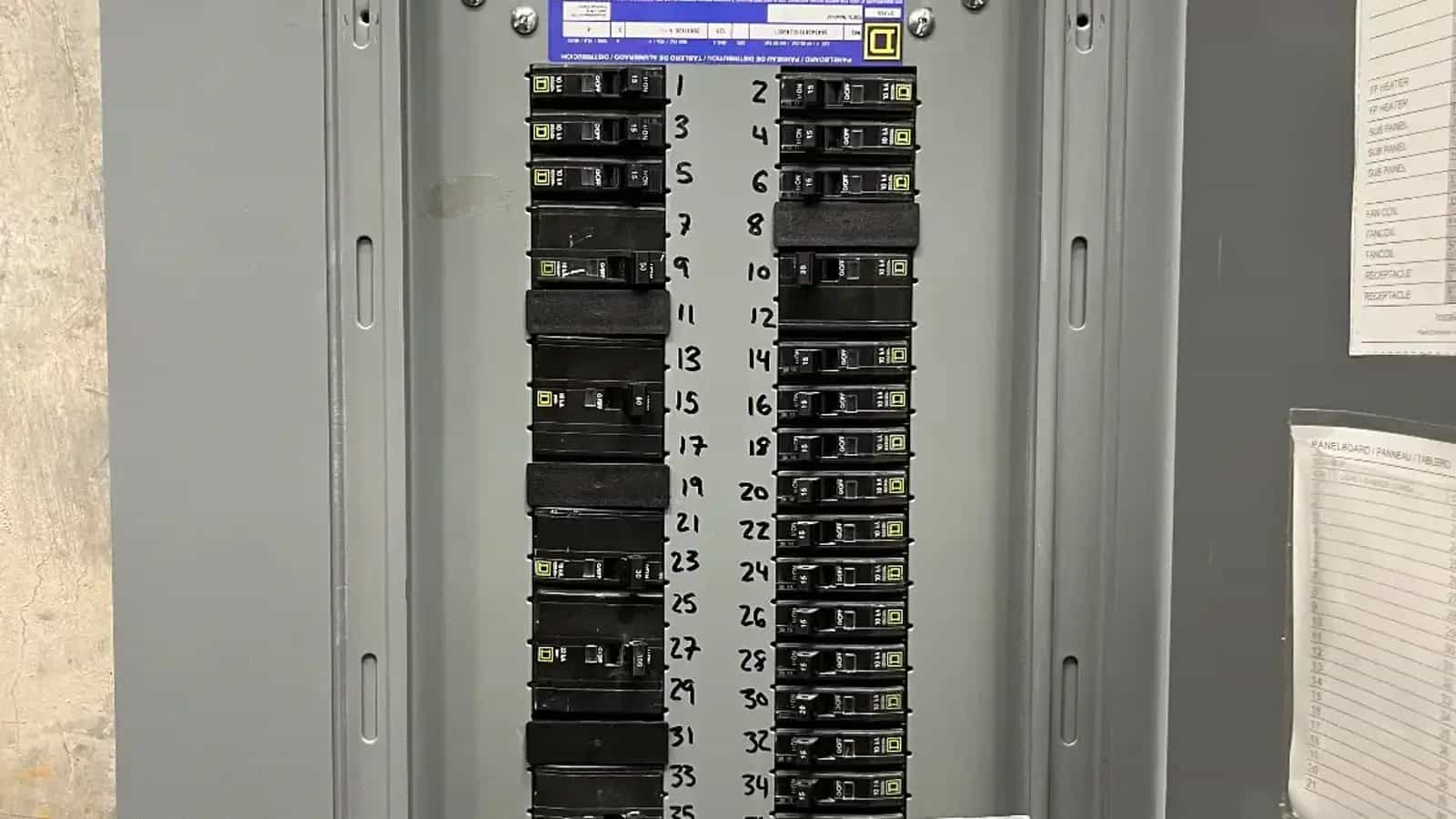 Panelboard with breakers and a typed circuit directory